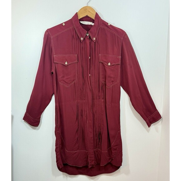 Isabel Marant Etoile GALISE Shirt Dress Burgandy Red Pleated Utility FR 34 US 2 - Picture 5 of 16